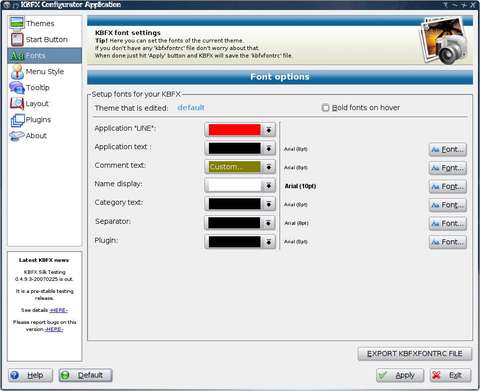 Screenshot of the Fonts Section of the KBFX Configurator