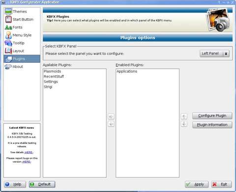 Screenshot of the Plugins Section of the KBFX Configurator