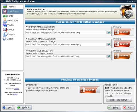 Screenshot of the Start Button Section of the KBFX Configurator