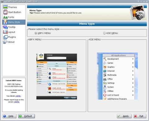 Screenshot of the Menu Style Section of the KBFX Configurator